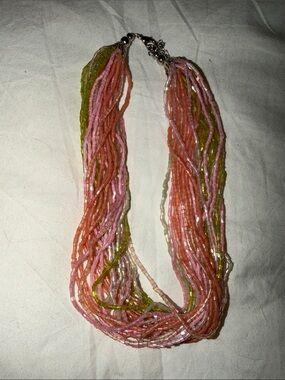 Multistrand Pink & Green Seed Bead Necklace